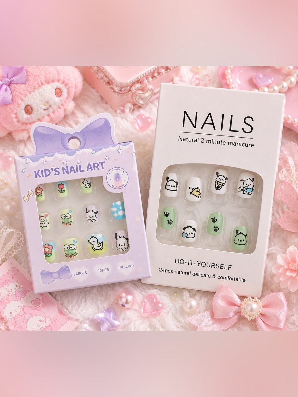 Kawaii Press On Nail Set Bundle Kids Puppy Frog Pastel Nails